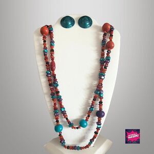 80s Vintage Autumn Harvest Jewelry Set - Boho Earrings Long-Beaded Necklace NIB